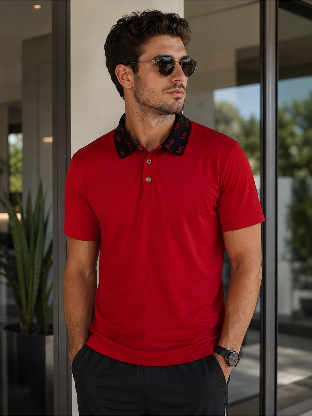 NWT Michael Kors Men’s red polo with contrast logo jacquard collar. Large